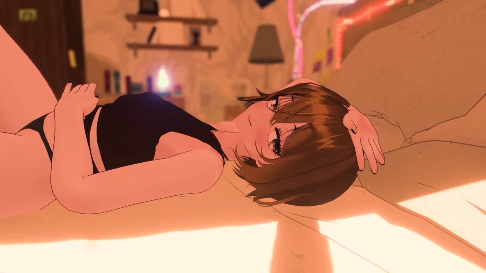 Rin resting on the bed in warm evening light